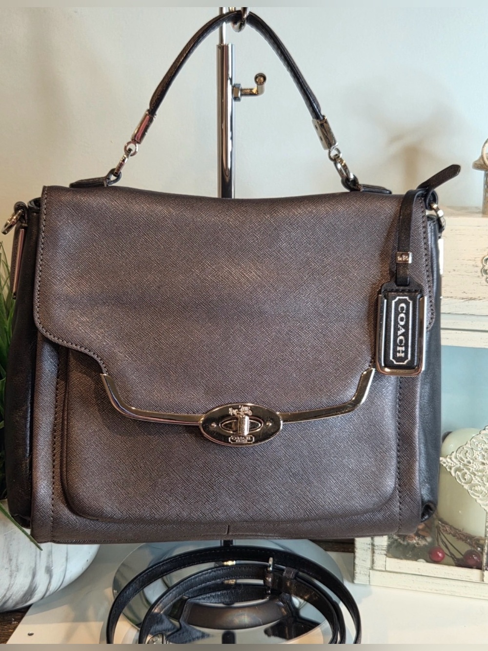 Coach Metallic Gunmetal Gray Satchel with Black Trim Like New!